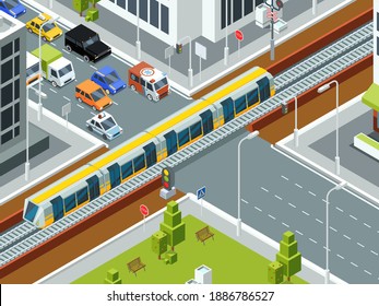 Railway crossing isometric. Trains cars rails traffic barrier stations vector background