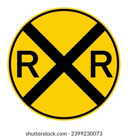 railway crossing sign, railroad level crossing ahead signs in yellow circle with black cross and R
