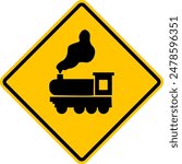 Railway crossing sign. Warning yellow diamond road sign. Diamond road sign. Rhombus road sign. Be careful, train, locomotive. Intersection with the railway. 