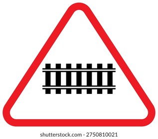 Railway crossing warning sign featuring a train track icon within a triangular red border. Designed for transportation safety, railway awareness, and public safety signage systems.