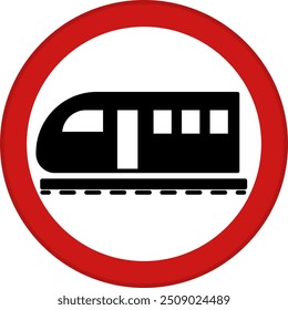 Railway Crossing Without Barrier Red Sign. Vector Icon. Train on Rails. Road Sign