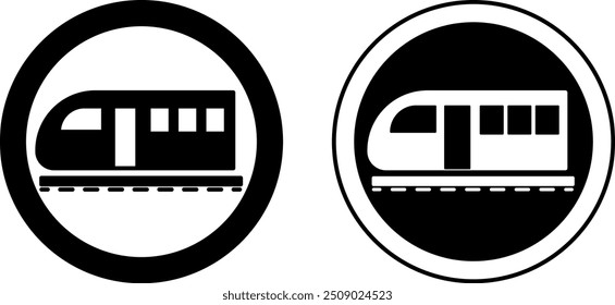 Railway Crossing Without Barrier Signs. Black and White Vector Icons. Train on Rails. Road Sign