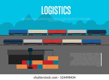 Railway delivery. Logistics banner with freight cargo train vector illustration. Railway transport company for goods export or import by railroad. High-speed express transportation, delivery service
