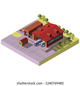 Railway depot isometric projection vector with trams, subway trains or passenger train locomotives standing in hangars, going on route illustration. City public transport infrastructure design element