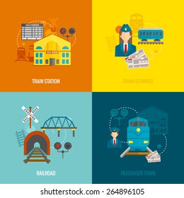 Railway design concept set with train station steward railroad passenger flat icons isolated vector illustration