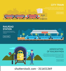 Railway design concept set with train station steward railroad passenger flat icons isolated vector illustration banners