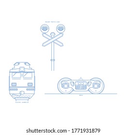 Railway drawings background: electric locomotive, traffic light, bogie. Strokes are editable