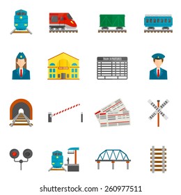 Railway flat icons set with train locomotive wagon conductor isolated vector illustration