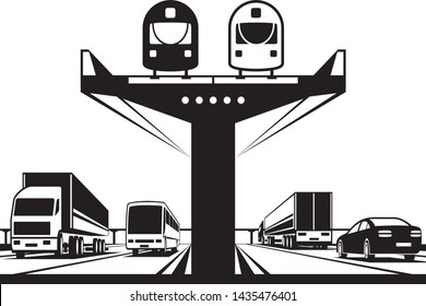 Railway flyover above the highway vector illustration