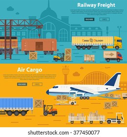 Railway Freight and Air Cargo Banners in Flat style icons such as Truck, Plane, Train. Vector for Brochure, Web Site and Printing Advertising on theme delivery of goods.