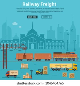 Railway Freight Delivery and Logistics with flat Icons train, delivery, station, truck, rails and forklift. Vector illustration