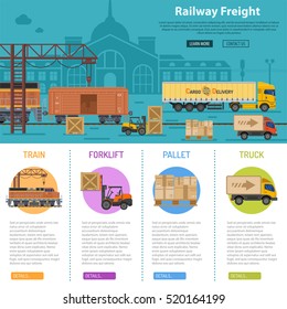 Railway Freight infographics with flat Icons Set like train, delivery, station, truck, rails and forklift vector illustration