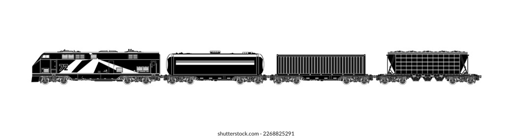 Railway freight wagons, black locomotive silhouette with wagons on a white background, car the tank, hopper car and container platforms, vector illustration