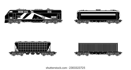 Railway freight wagons, black locomotive silhouette with wagons on a white background, car the tank, hopper car and container platforms, vector illustration