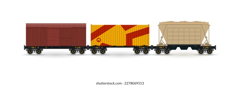 vagones de mercancías por ferrocarril, plataformas de contenedores para el transporte de contenedores por ferrocarril, vagón de transporte de mercancías para el transporte de mercancías en tránsito masivo de fertilizantes, cemento, grano y otros cargamentos a granel, ilustración de vectores