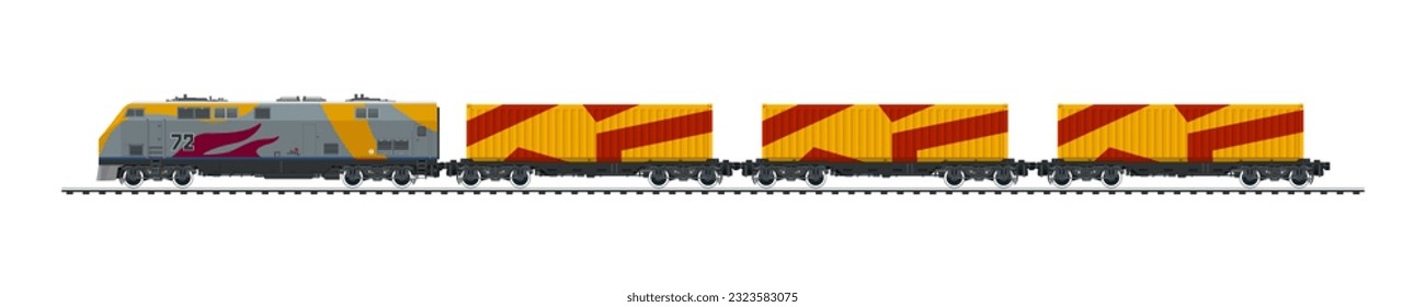 Railway freight wagons, locomotive with cargo container on railroad platform , railway and container transport banner, vector illustration