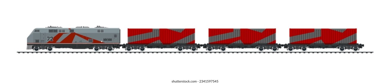 Eisenbahngüterwagen, Lokomotive mit Frachtcontainer auf Bahnplattform, Eisenbahn- und Containertransport-Banner, Vektorgrafik