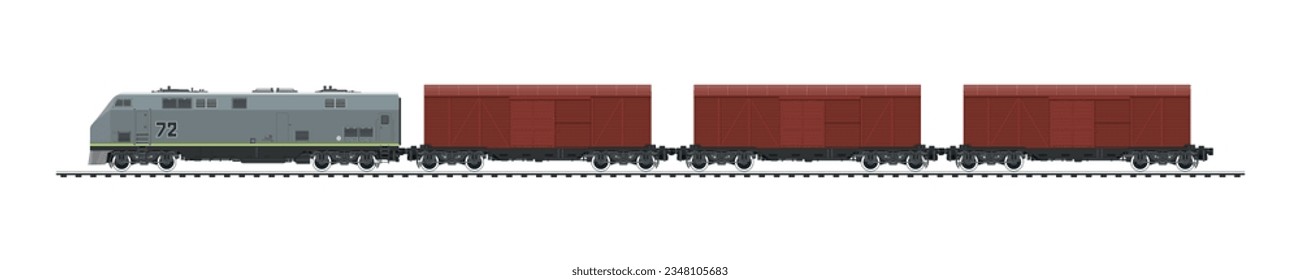 Eisenbahngüterwagen, Lokomotive mit Frachtcontainer auf Bahnplattform, Eisenbahn- und Containertransport-Banner, Vektorgrafik