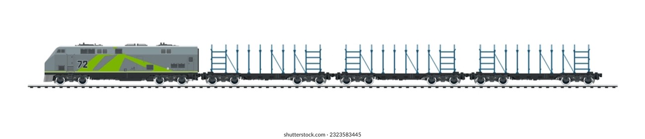Railway freight wagons, locomotive with railway platform for timber transportation , railway and container transport banner, overland transport, vector illustration