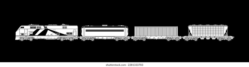 Railway freight wagons, white locomotive silhouette with wagons on a black background, car the tank, hopper car and container platforms, vector illustration