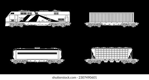 Vagones de carga ferroviaria, silueta de locomotora blanca con vagones sobre un fondo negro, carro el tanque, plataformas de vagón y contenedor de tolva, ilustración vectorial