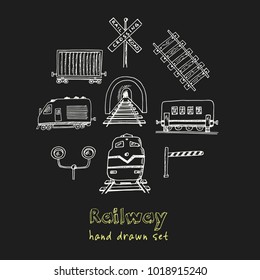 Railway Hand drawn doodle set. Vector illustration. Isolated elements on black background. Symbol collection.