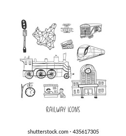 Railway hand drawn vector icons set