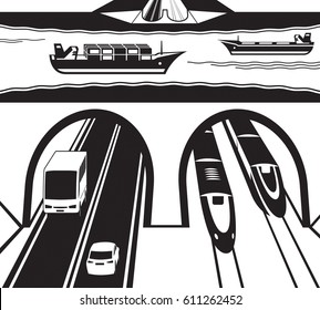 Railway and highway tunnel under water - vector illustration