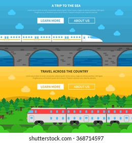 Railway horizontal banner set with trains with nature background isolated vector illustration