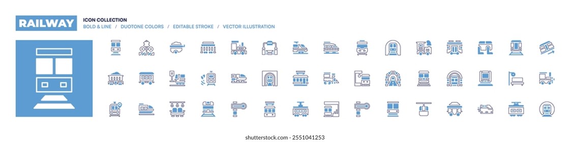 Icono de ferrocarril colección. Estilo de línea en negrita. Colores duotónicos. Tren, metro, semáforo, estación de tren, tranvía, túnel, metro, funicular, carro.