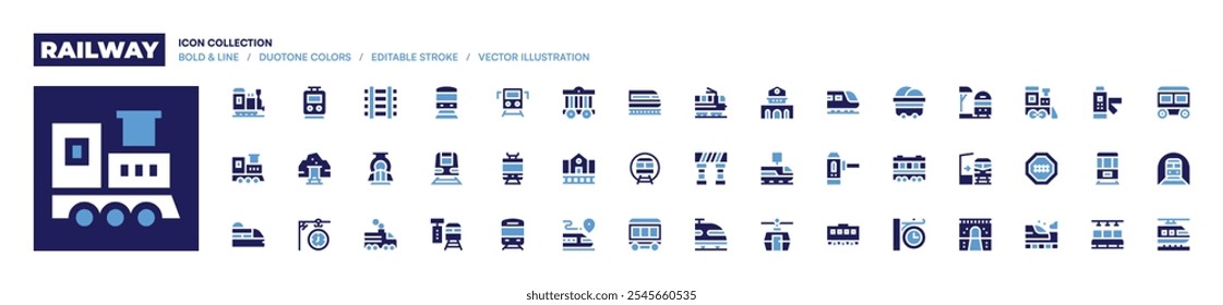 Icono de ferrocarril colección. Estilo audaz. Duotone colores. tren, ferrocarril, locomotora, metro, reloj, metro, plataforma de tren, mina de oro, jaula, estación de tren.