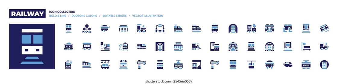 Icono de ferrocarril colección. Estilo audaz. Duotone colores. tren, paso a nivel, Carrito, mina, estación de tren, tren bala, vagón, asiento, andén.