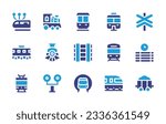 Railway icon collection. Duotone color. Vector illustration. Containing connection, steam locomotive, subway, monorail, level crossing, carriage, locomotive, tracks, railroad, schedule, train, traffic