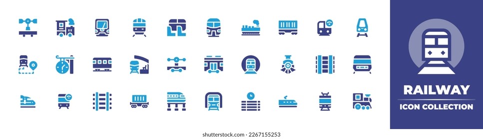 Railway icon collection. Duotone color. Vector illustration. Containing draisine, train, metro, monorail, cargo, carriage, clock, railway carriage, railway station, locomotive, tracks.