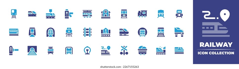 Railway icon collection. Duotone color. Vector illustration. Containing railway line, railway, train, turnstiles, tram, railroad, metro, subway, locomotive, monorail, train station, underground.