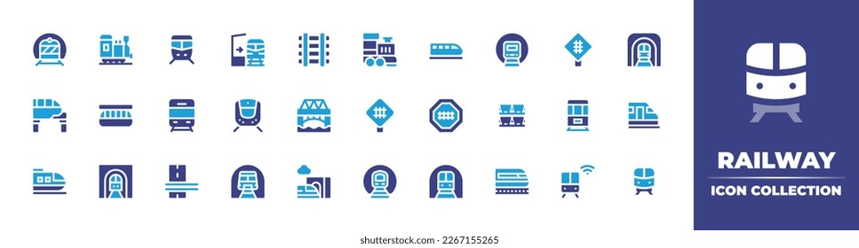 Railway icon collection. Duotone color. Vector illustration. Containing metro, locomotive, train, train station, railway, signpost, subway, monorail, bridge, bullet train, tunnel.