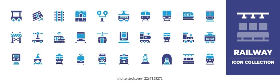 Railway icon collection. Duotone color. Vector illustration. Containing wagon, funicular, tracks, tunnel, traffic lights, train, metro, subway, barrier, draisine, high speed train, carriage, seat.