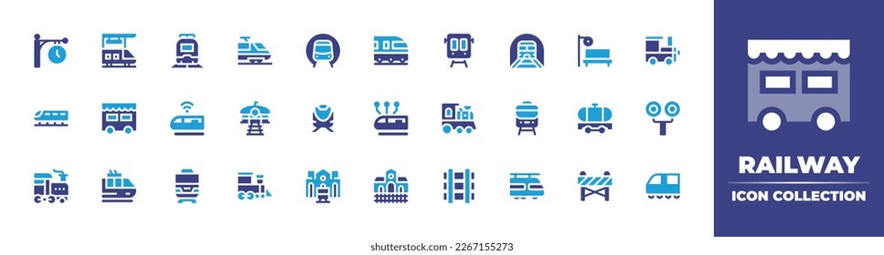 Railway icon collection. Duotone color. Vector illustration. Containing clock, train station, train, subway, train stop, wagon, wireless internet, high speed train, connection, steam locomotive.