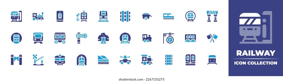 Railway icon collection. Duotone color. Vector illustration. Containing underground, locomotive, phone, renewable energy, train, railway, mining cart, metro, buffer, semaphore, gold mine, subway.