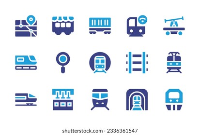 Railway icon collection. Duotone color. Vector illustration. Containing station, cage, carriage, train, draisine, pit stop, metro, railway, high speed train, monorail, subway. 