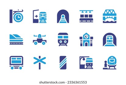 Railway icon collection. Duotone color. Vector illustration. Containing clock, train station, tunnel, seat, bridge, train, draisine, railway, railway station, subway, sleeping, level crossing.