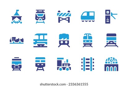 Railway icon collection. Duotone color. Vector illustration. Containing wagon, subway, buffer stop, train, turnstile, high speed train, metro, railway, railway station. 