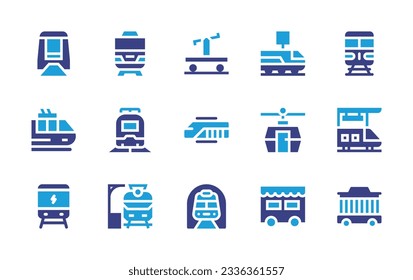 Railway icon collection. Duotone color. Vector illustration. Containing monorail, train, railway, high speed train, funicular, train station, electric train, metro, wagon, circus. 