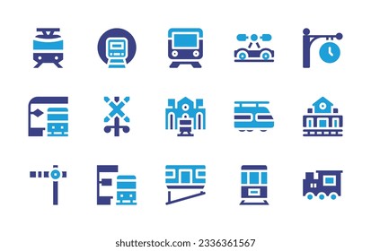 Railway icon collection. Duotone color. Vector illustration. Containing high speed train, railway, metro, draisine, clock, subway, railroad crossing, train station, train, railway station, clear.