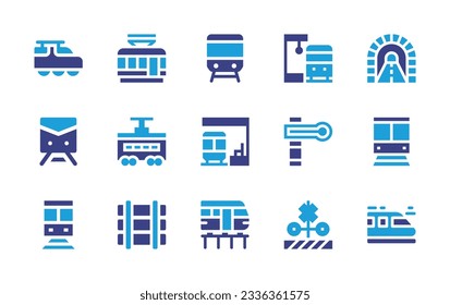 Railway icon collection. Duotone color. Vector illustration. Containing train, tramway, train station, tunnel, semaphore, subway, railroad, high speed train, level crossing. 
