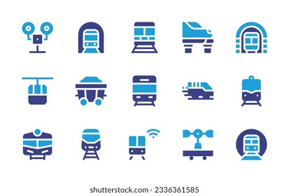 Railway icon collection. Duotone color. Vector illustration. Containing traffic light, metro, train, high speed train, funicular, carriage, bullet train, draisine. 