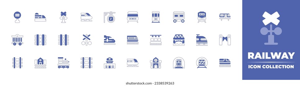 Railway icon collection. Duotone style line stroke and bold. Vector illustration. Containing cross, subway, level crossing, train, clock, metro, cage, railway, high speed train, seat, and more.