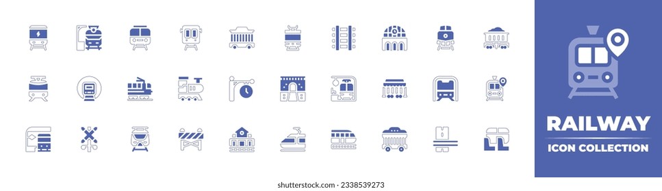 Railway icon collection. Duotone style line stroke and bold. Vector illustration. Containing electric train, train station, train, circus, railway, railway station, mine, high speed train, and more.