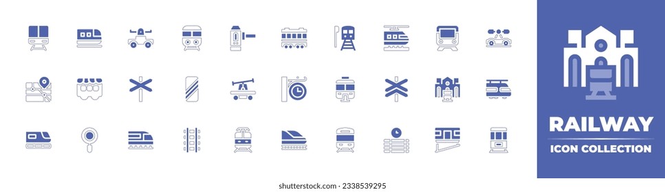 Railway icon collection. Duotone style line stroke and bold. Vector illustration. Containing metro, train, draisine, railway, turnstile, station, cage, level crossing, railroad crossing, and more.