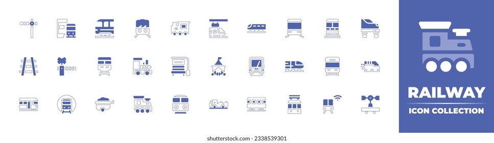 Railway icon collection. Duotone style line stroke and bold. Vector illustration. Containing clear, train stop, high speed train, subway, train, train station, tracks, barrier, bench, wagon, and more.